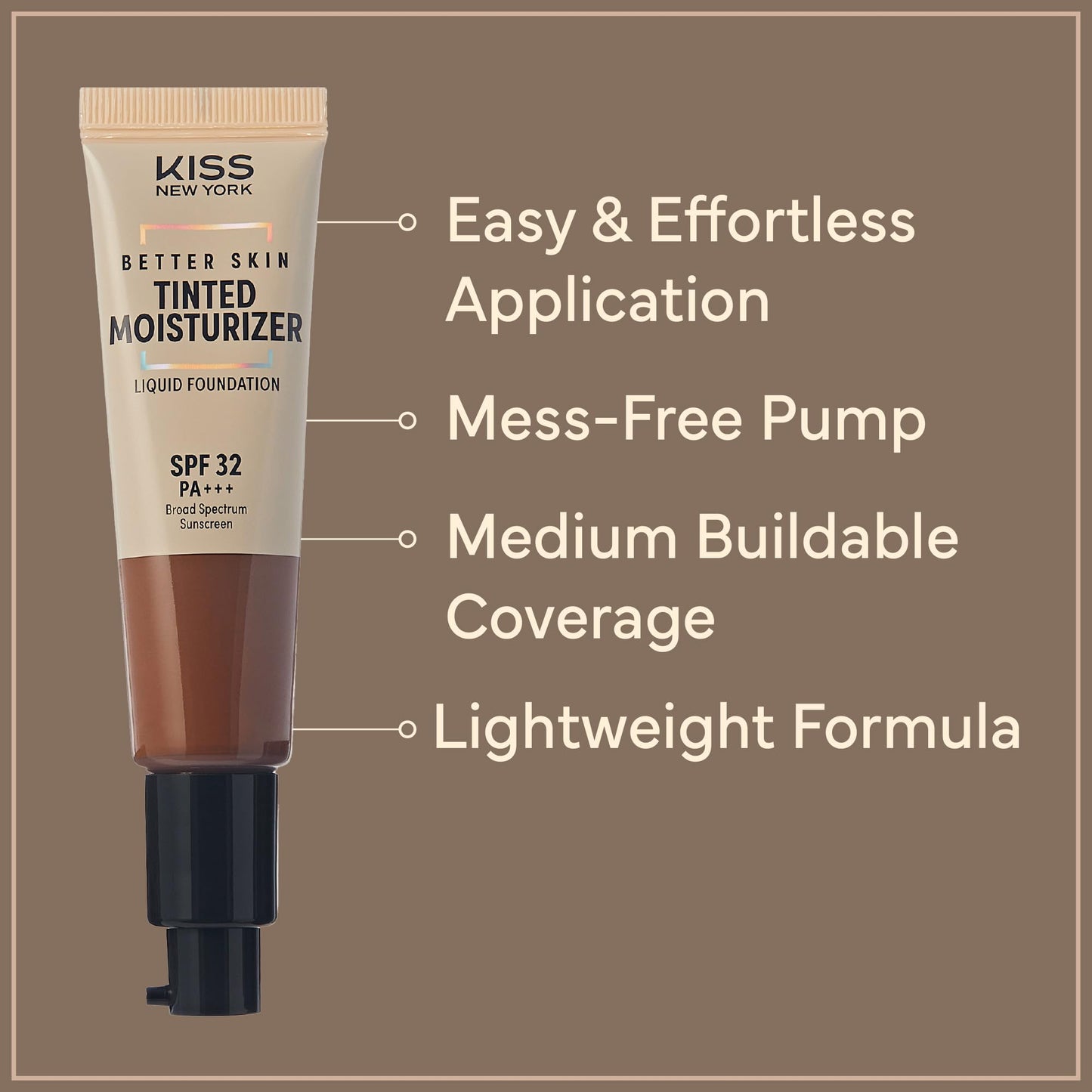 KISS NEW YORK Tinted Moisturizer with SPF 32 PA+++ (Mocha) 12 Hour Hydrating Sunscreen for Face, No White Cast for Dark Skin Tone, Natural Finish, Medium Coverage with Hyaluronic Acid, Vitamin E