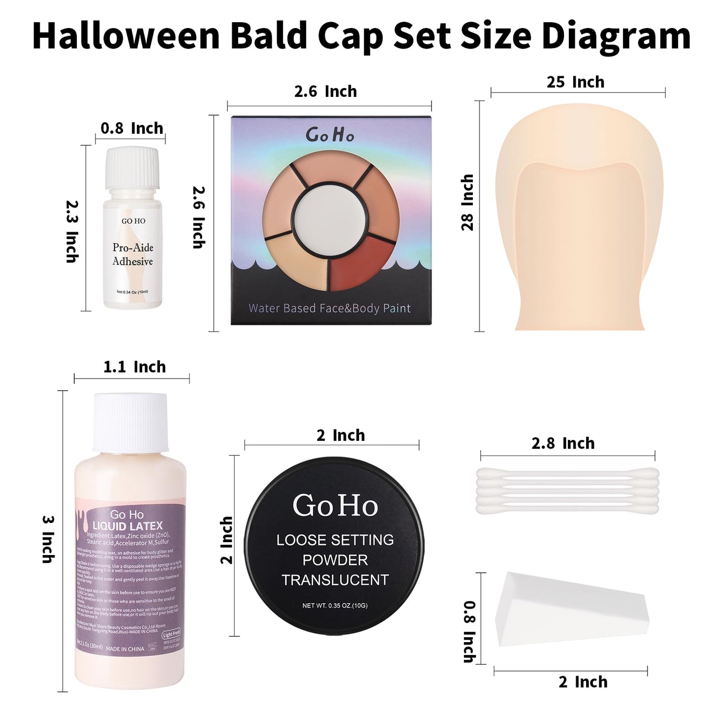 Go Ho Halloween Professional Bald Cap SFX Kit - Complete 8-Piece Makeup Set with Latex (30ml),Water Based Acrylic Adhesive(10ml),6 Colors Flesh Palette,Loose Setting Powder,Bald Cap&Applicators