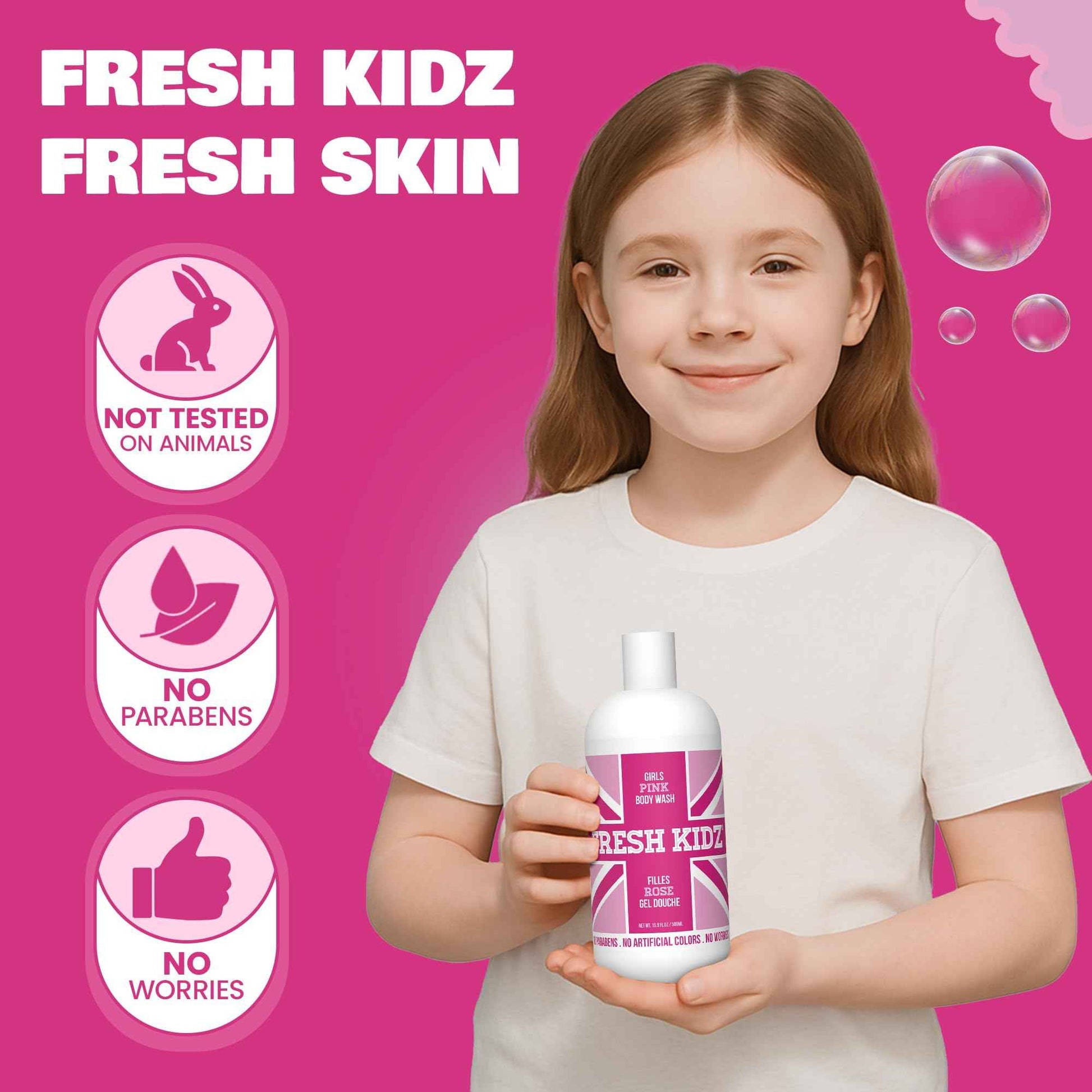 Fresh Kidz Body Wash 16.9 fl.oz. and Stick Deodorant 2.65 oz for Kids and Teens - Girls "Pink" Set