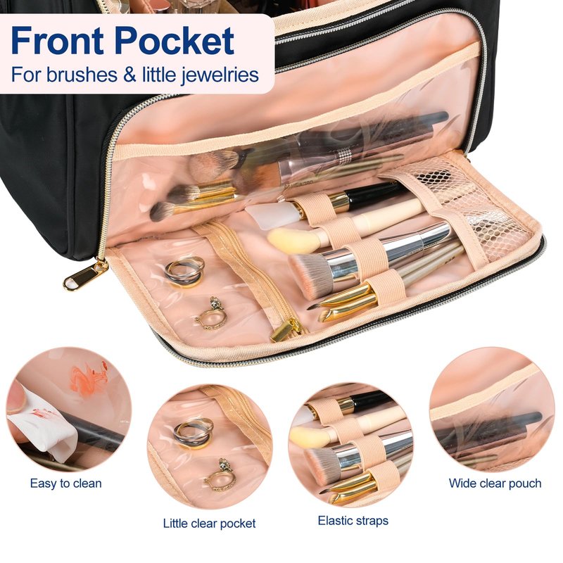 GR69N Travel Makeup Bag Large Capacity Cosmetic Organizer Bag for Women,Flat-Opening Make Up Case Travel Bag Waterproof Toiletry Bag for traveling,Toiletries,Essentials,Accessories,Black