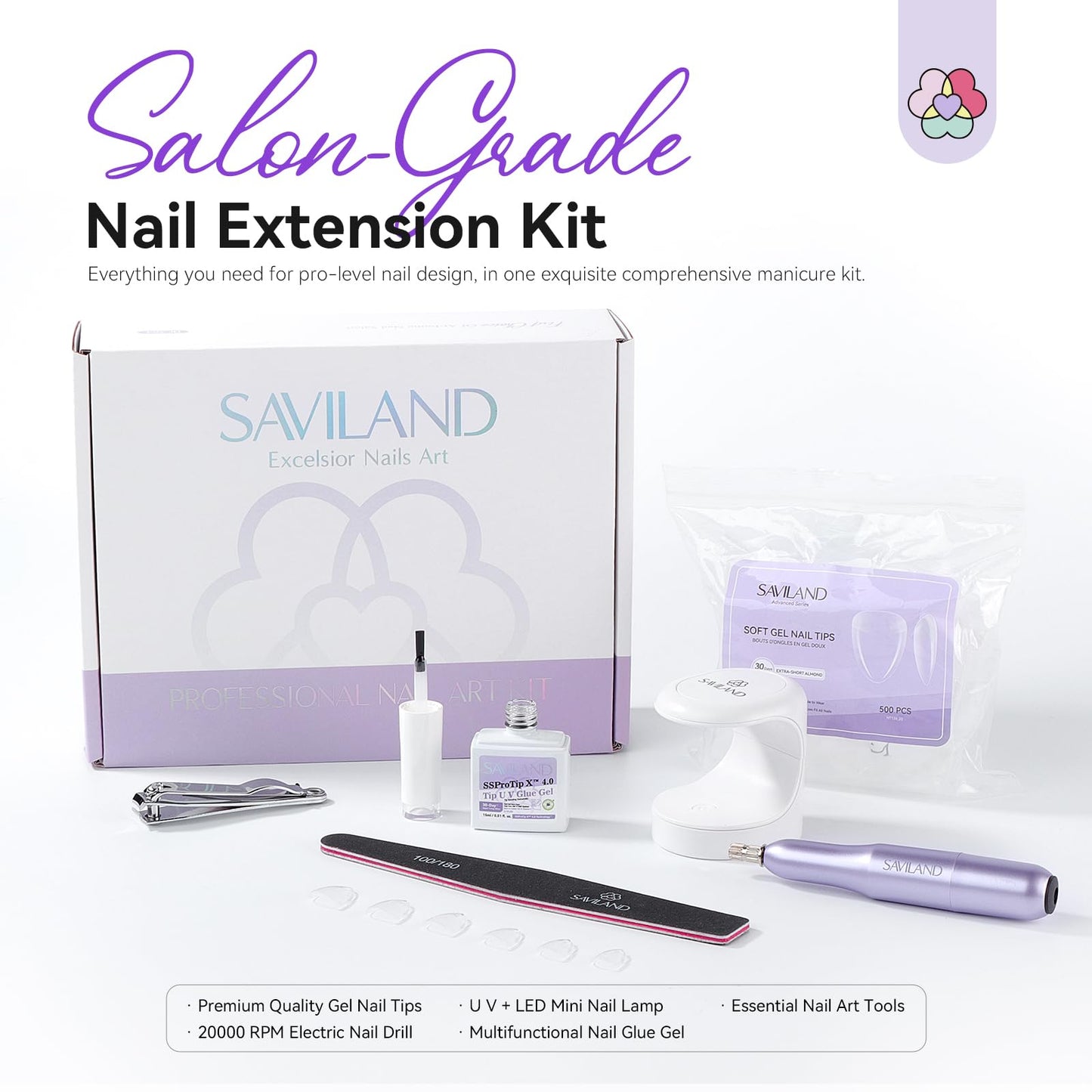 SAVILAND Advanced Gel Nail Kit: Salon Grade Extra Short Almond Nails 500 Pcs Nail Tips Half Matte with U V Nail Lamp Pre-Shaped 12 Sizes Complete At Home Nail Art Kit for Salon 30-Day Long-Wear