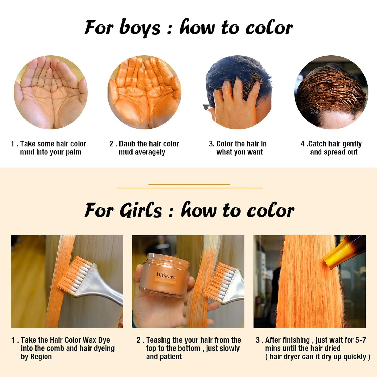 Temporary Hair Color for Kids, Ultikare Orange Hair Dye Washable Natural Hair Wax Color Chalk Mud Cream DIY Hairstyle Clay For Dark Hair Halloween, Cosplay, Party, Christmas Gift Girls 3.4 Fl Oz