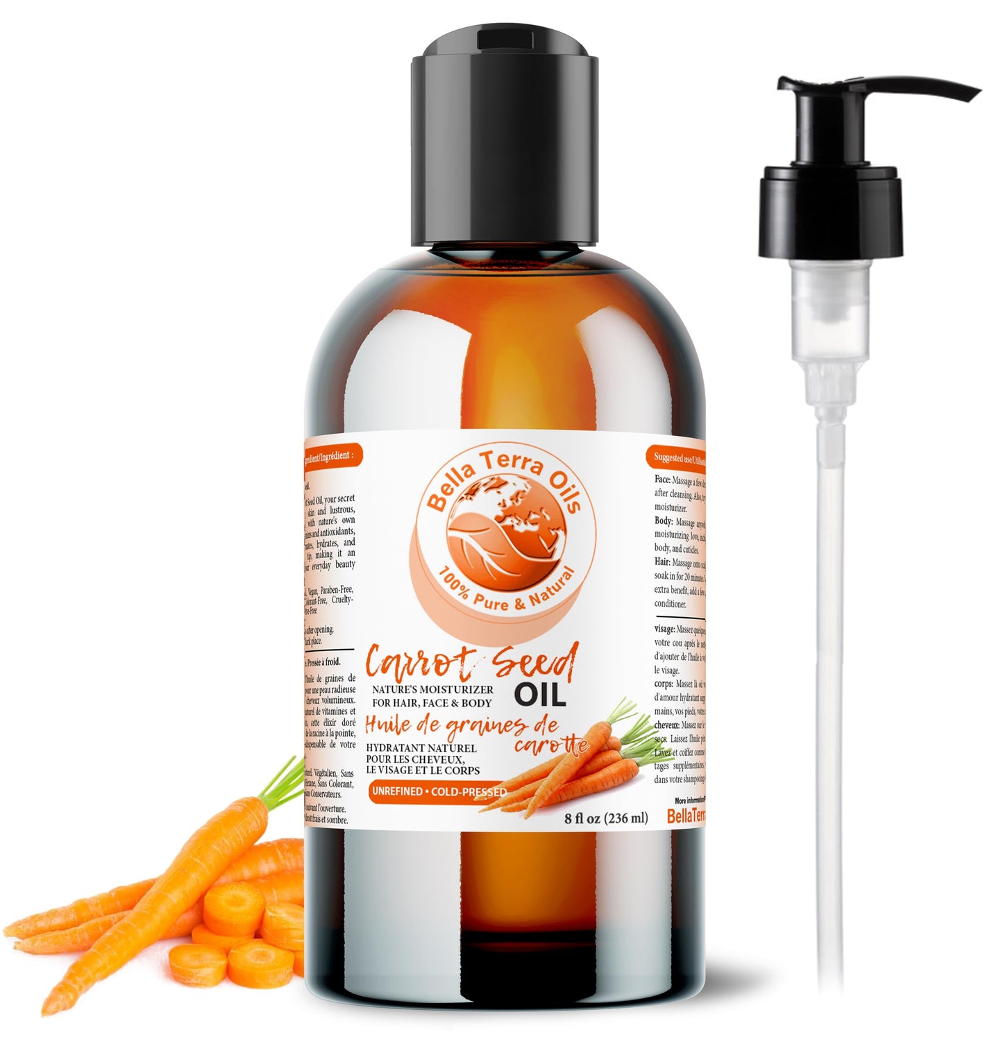 Bella Terra Oils - Organic Carrot Seed Oil 8 oz - Unveiling Organic Carrot's Enzymes & Nutritional Benefits, A Cold-Pressed Delight for a Natural Skin Glow