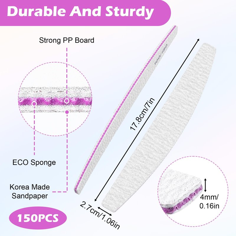 150 Pcs 100/180 Grit Nail Files Bulk, Professional Nail Files 100/180 Grit, Double Sided Emery Boards Reusable Manicure Tools for Acrylic Natural Nails, Home or Salon Use