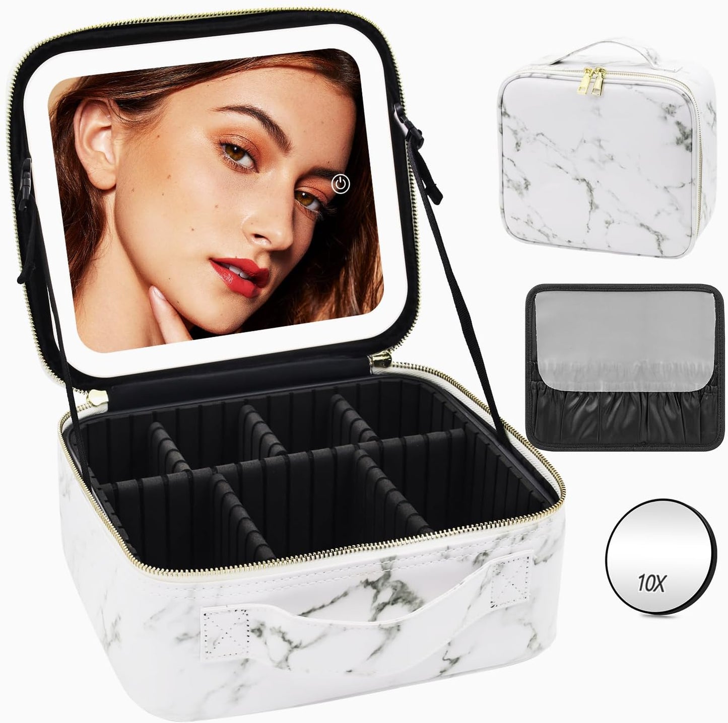 Lighted Travel Makeup Bag - Partitionable Train Case with Dimming Mirror | Cosmetic Organizer & Toiletry Gift