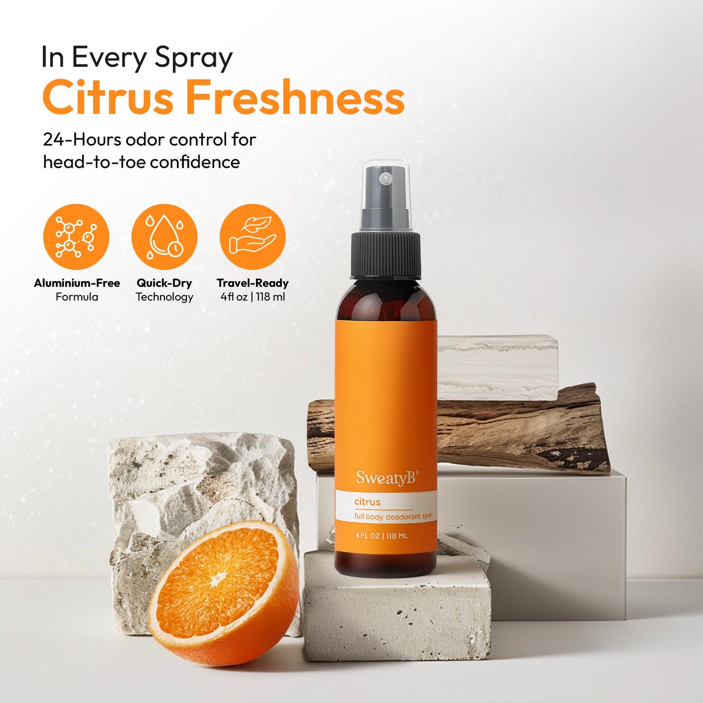 SweatyB® Deodorant spray - Odor Protection with whole body deodorant for women & men - Travel Size, Skin-Safe, Vegan & Made in USA - Citrus body spray - 4 Oz