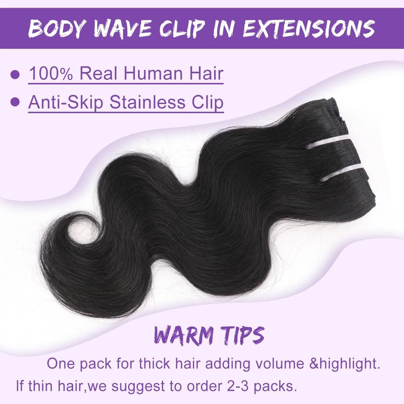 Body Wave Clip in Hair Extensions Real Human Hair 8Pcs 110g/3.9oz 14 Inch Body Wave Clip ins Brazilian Remy Human Hair Extensions for Women Per Set with 20 Clips Double Weft Natural Black