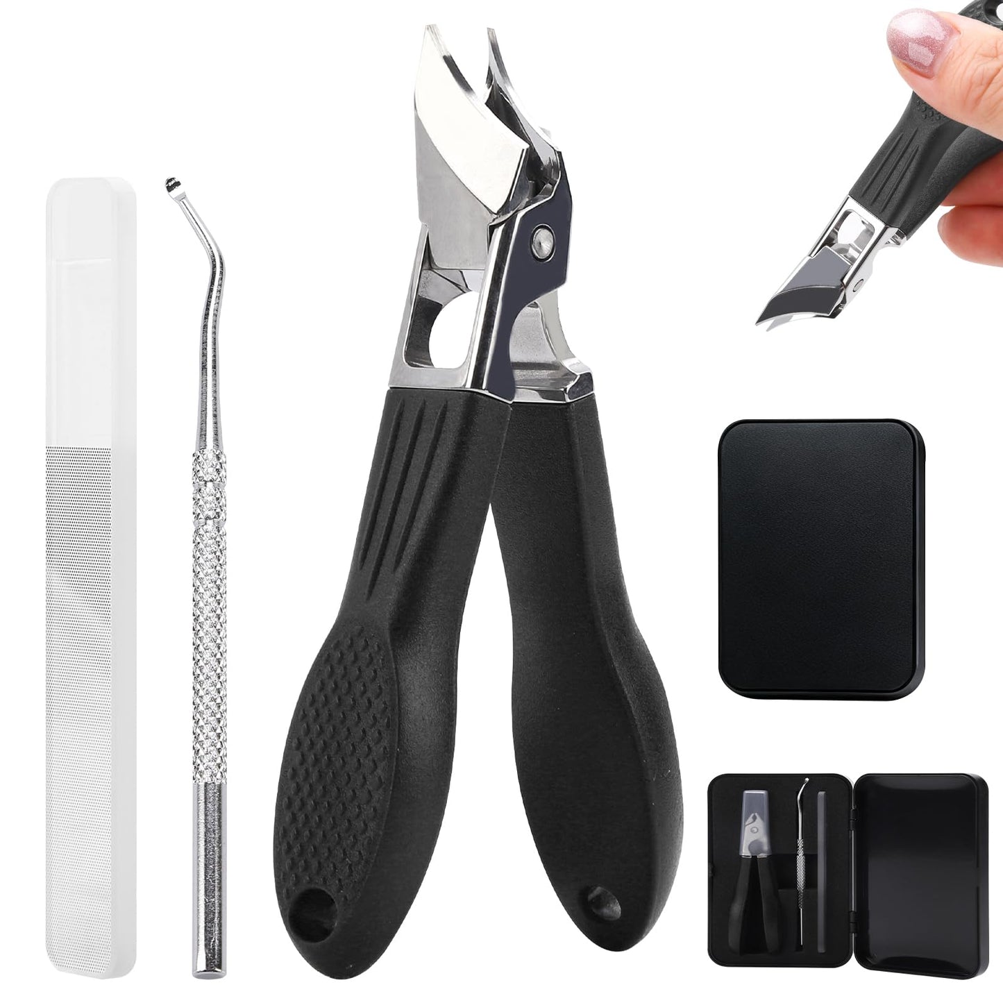 Eagle Beak Nail Clippers for Ingrown & Thick Nails – Beveled/Slanted/Angled Blades, Long Handle Wide Jaw, Anti-Splash Ultra Sharp Stainless Steel Edge 3-Piece Set for Men/Women (Black)