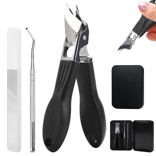 Eagle Beak Nail Clippers for Ingrown & Thick Nails – Beveled/Slanted/Angled Blades, Long Handle Wide Jaw, Anti-Splash Ultra Sharp Stainless Steel Edge 3-Piece Set for Men/Women (Black)