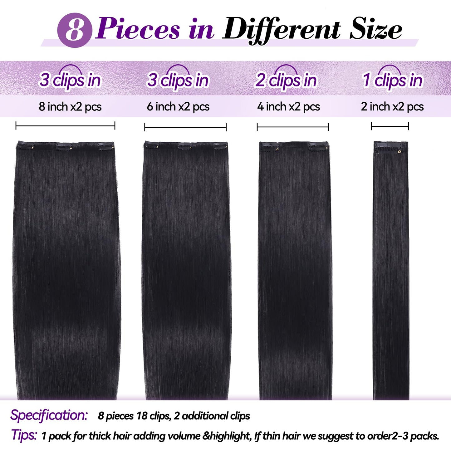 Clip in Hair Extensions Real Human Hair 16 inch 90g/3.2oz Straight Seamless Invisible Human hair Extensions Clip ins for Women Double Weft 8pcs #1B-Natural Black