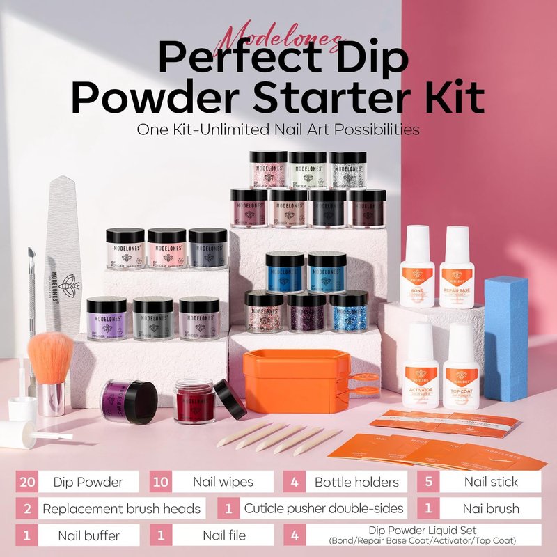 Modelones Dip Powder Nail Kit - 40 Pcs Glitter Set | 20 Colors Including Nude, Pink, Burgundy & Blue
