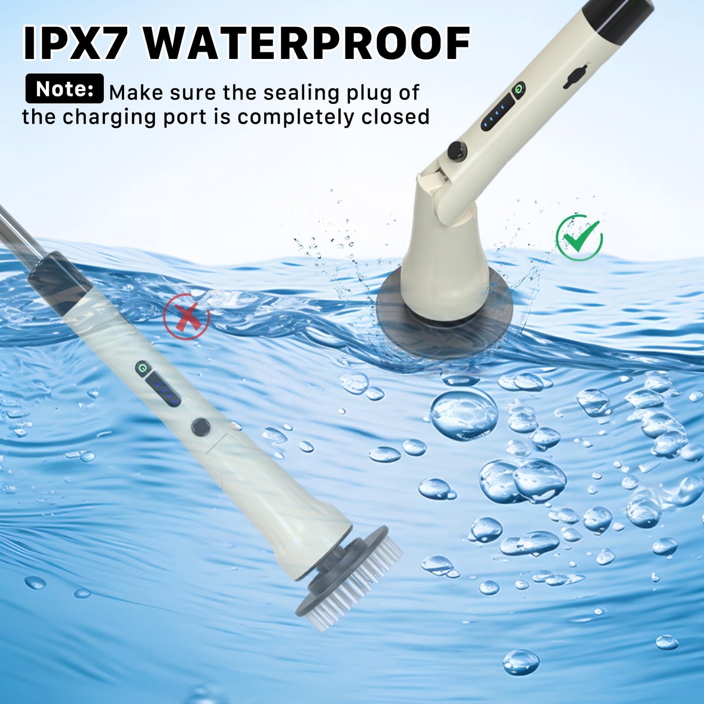 Electric Spin Scrubber, Hillyfe Bath Scrubber for Cleaning with 7 Replaceable Brush Heads, IPX7 Waterproof,300/400 RPM, 3 Adjustable Size,Cordless Shower Cleaner Brush for Bathroom Floor,Beige