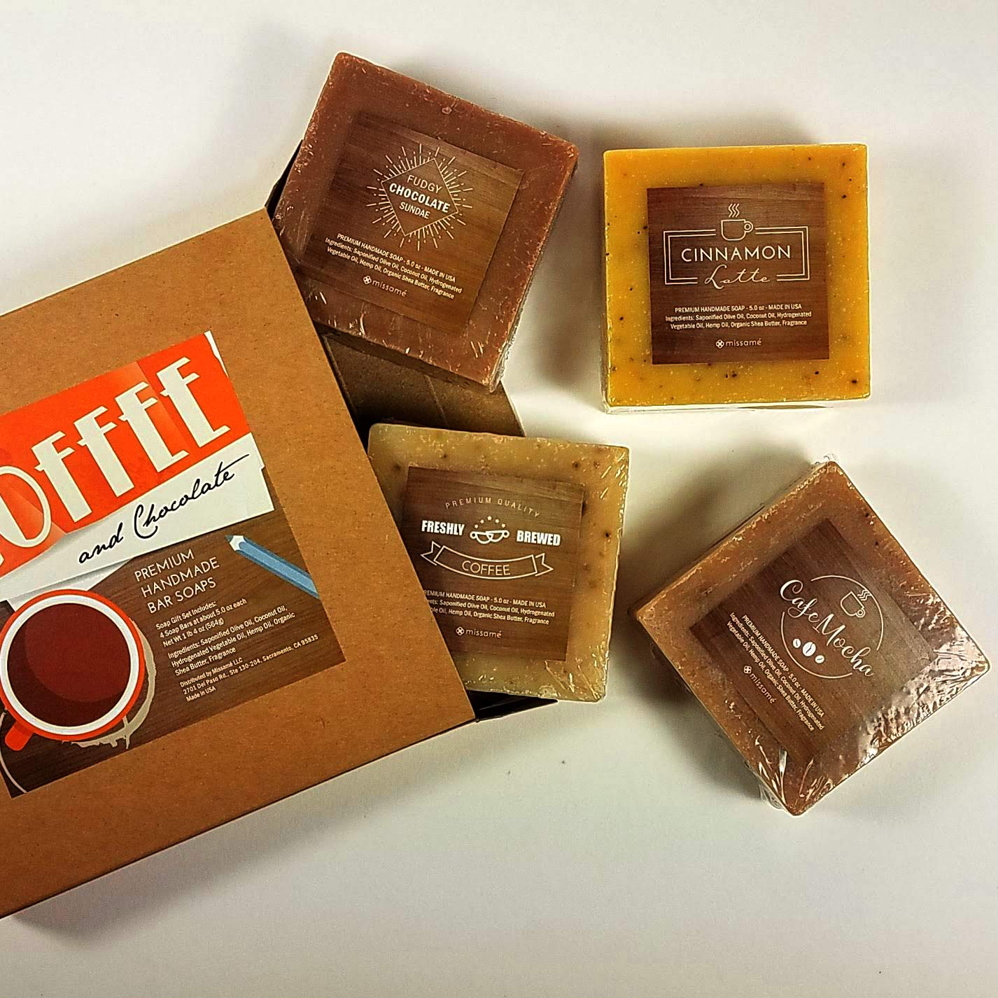 Handmade Bar Soap Gift Set - Coffee & Chocolate Scented | 4 Full-Sized 5.0 oz Bars with Organic Shea Butter