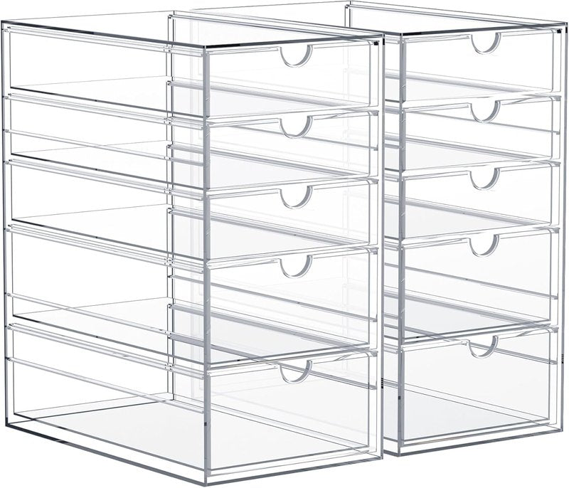 Makeup Organizer - 10-Drawer Acrylic Storage for Makeup, Office, Jewelry | 2 Clear Stackable Bins