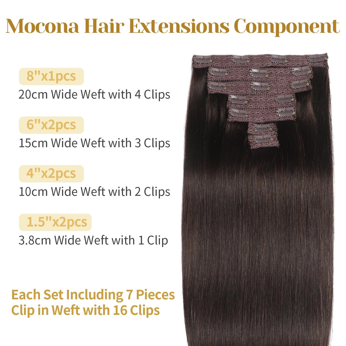 Mocona Clip in Hair Extensions Real Human Hair, Dark Brown – 16 Inch 7pcs 70g/Pack, Soft Hair Extensions Real Human Hair Clip ins Straight Suitable for all Hair Types (#2 16 Inch)