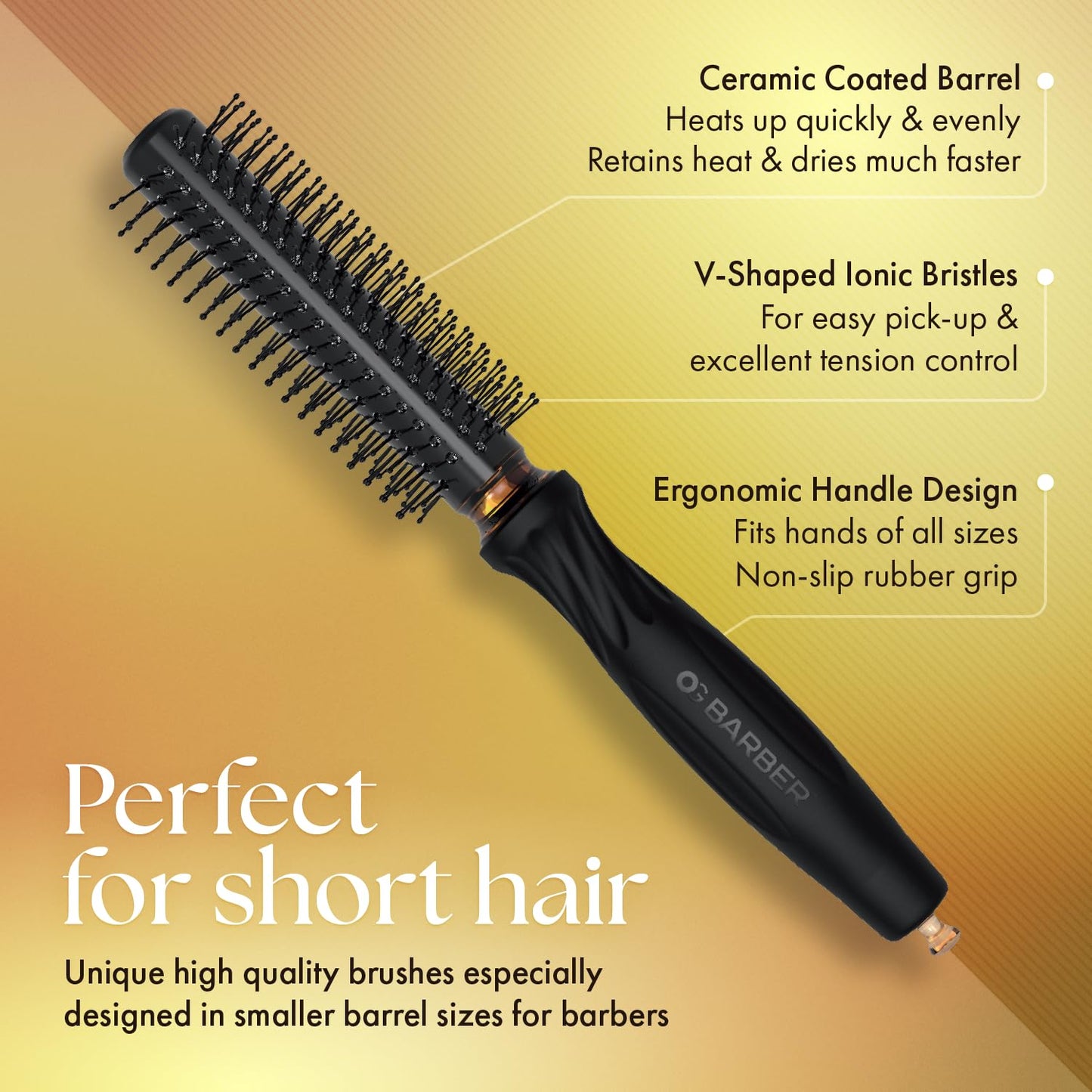 Olivia Garden OG Barber round brush with Ceramic Coated Barrel, quick drying and v-shaped bristles for easy styling on men hair, 3/4 inch