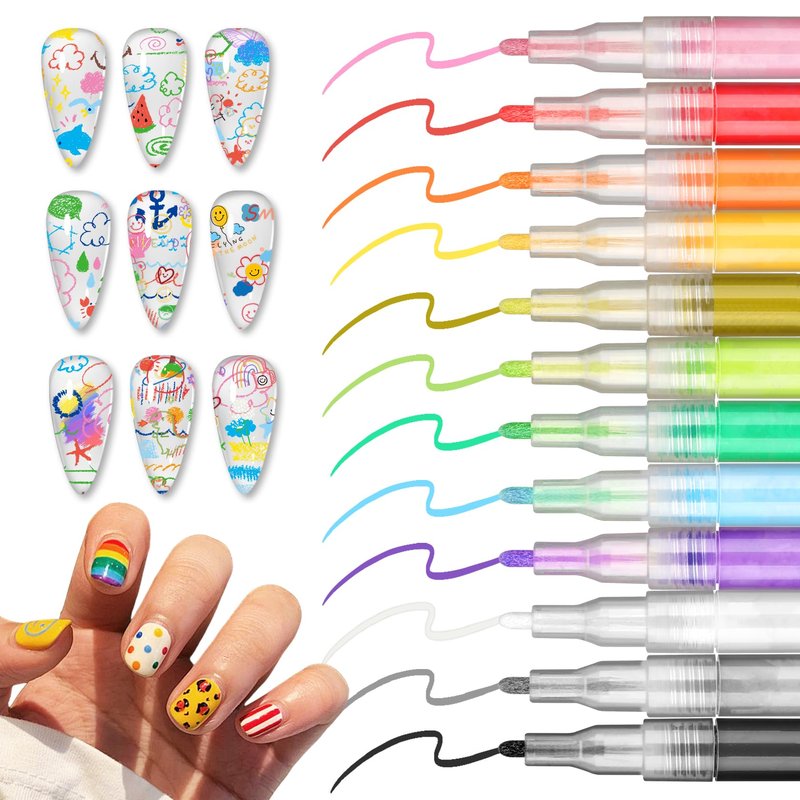AOAZXBB 12 Colors Nail Art Pens Set Nail Polish Pens, Waterproof Quick-Drying Acrylic Paint Nail Art Markers for Home & Salon DIY