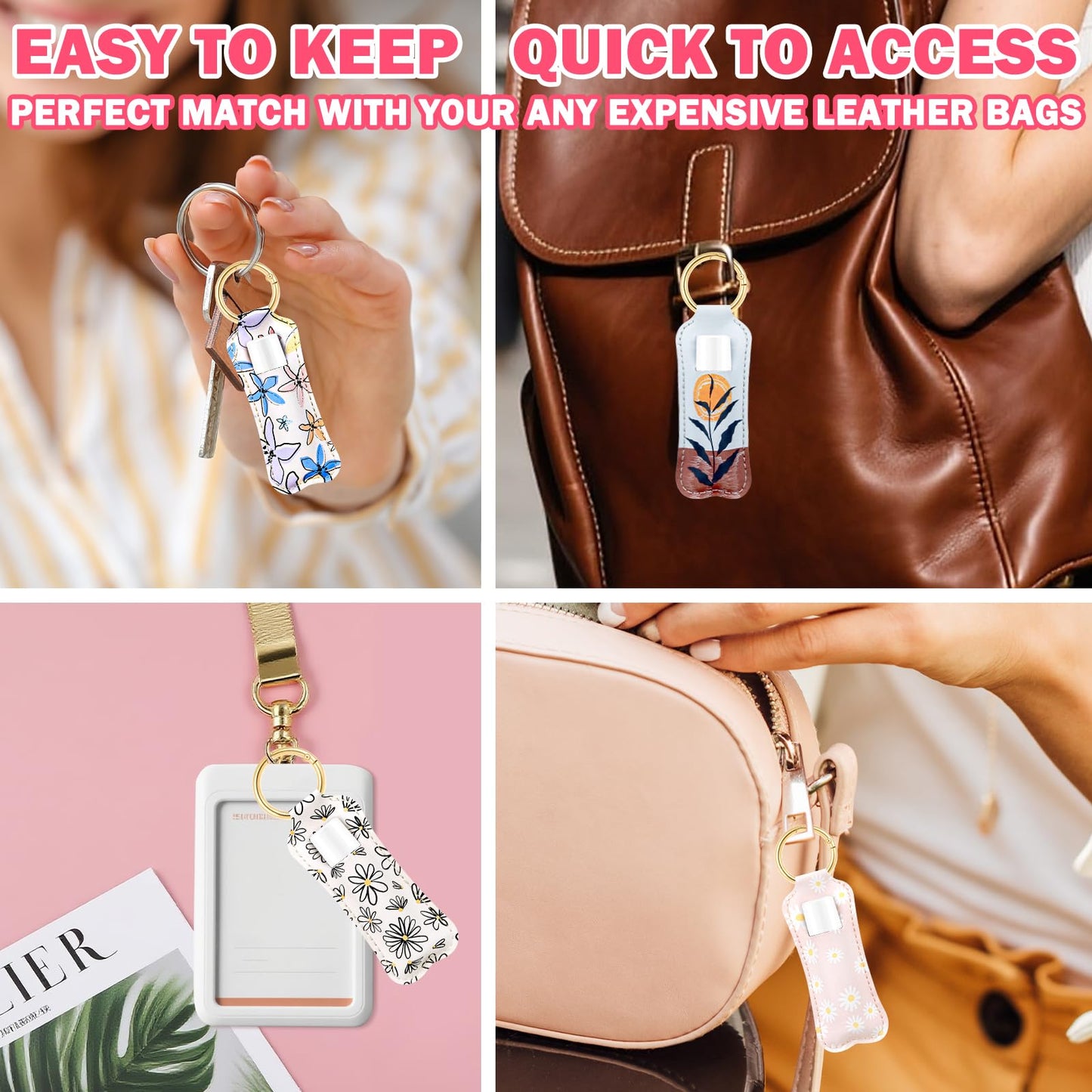 WK IEASON Lip Balm Holder Keychain Clip On PU Leather Lipstick Sleeve Pouch Lip Gloss Holder Lip Balm Sleeve Holder Keychain 3PCS（Floral Set B）