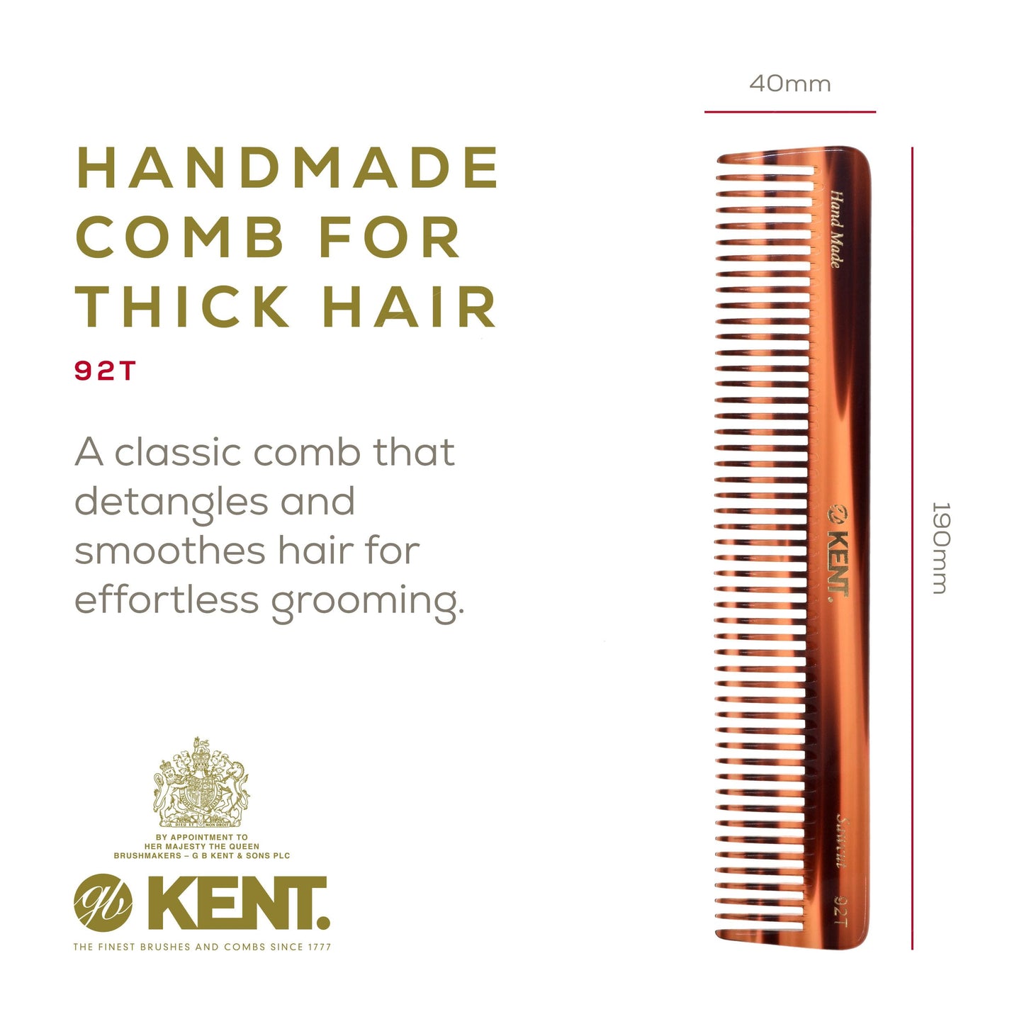 Kent 92T Tortoise Wide Tooth Detangler Combs for Men and Women, Hair Comb for Curly and Wavy Hair and Wet or Dry, Large Wide Tooth Dressing Comb, Handmade, Saw-Cut, Hand polished, Made in England