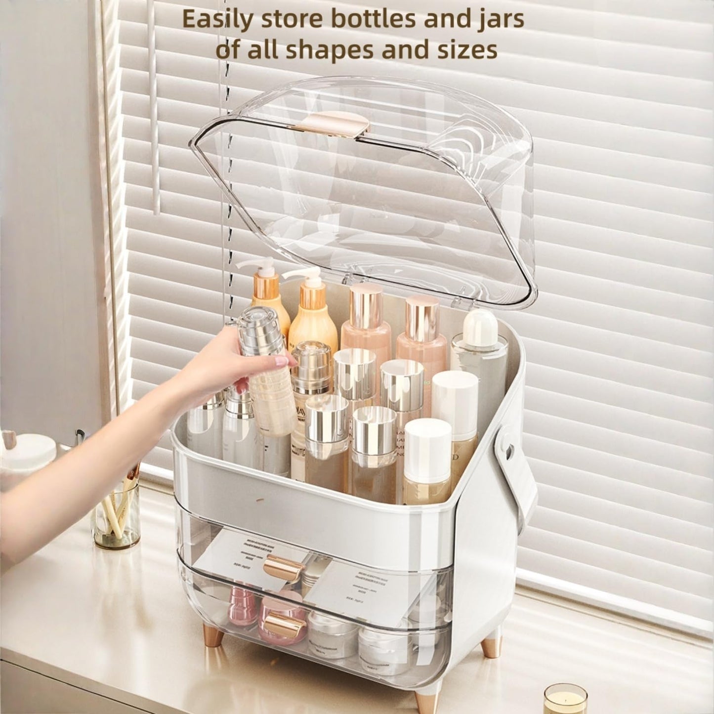 XAIODRAGONSKY Makeup Organizer, Skincare Organizers with Clear Lid & 2 Drawers and 360° Rotating Brush Holder