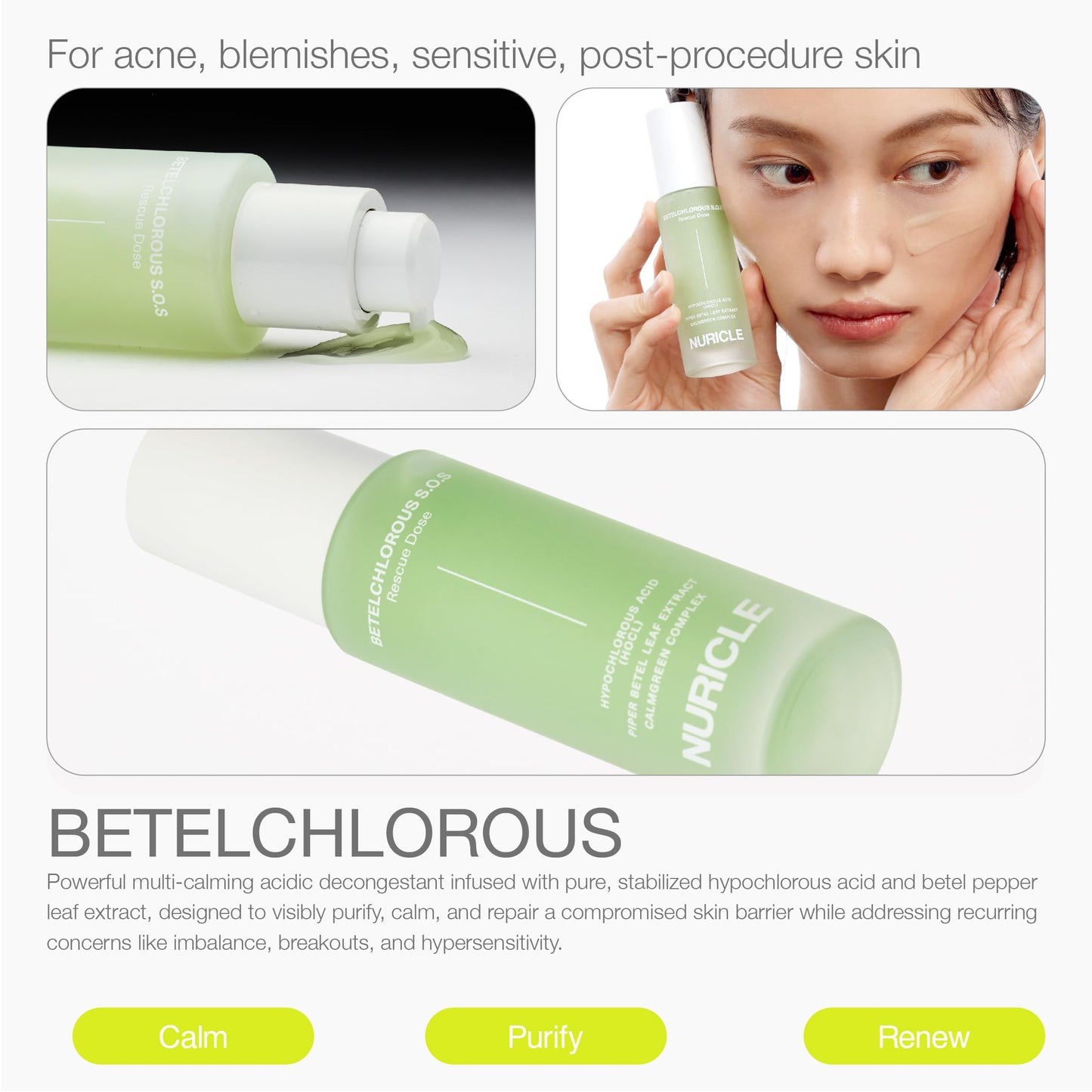 NURICLE Betelchlorous S.O.S Rescue Dose – Hypochlorous Acid Face Serum for Acne, Redness & Sensitive Skin, Soothing Korean Skincare Serum, 30ml (1.014 fl oz)