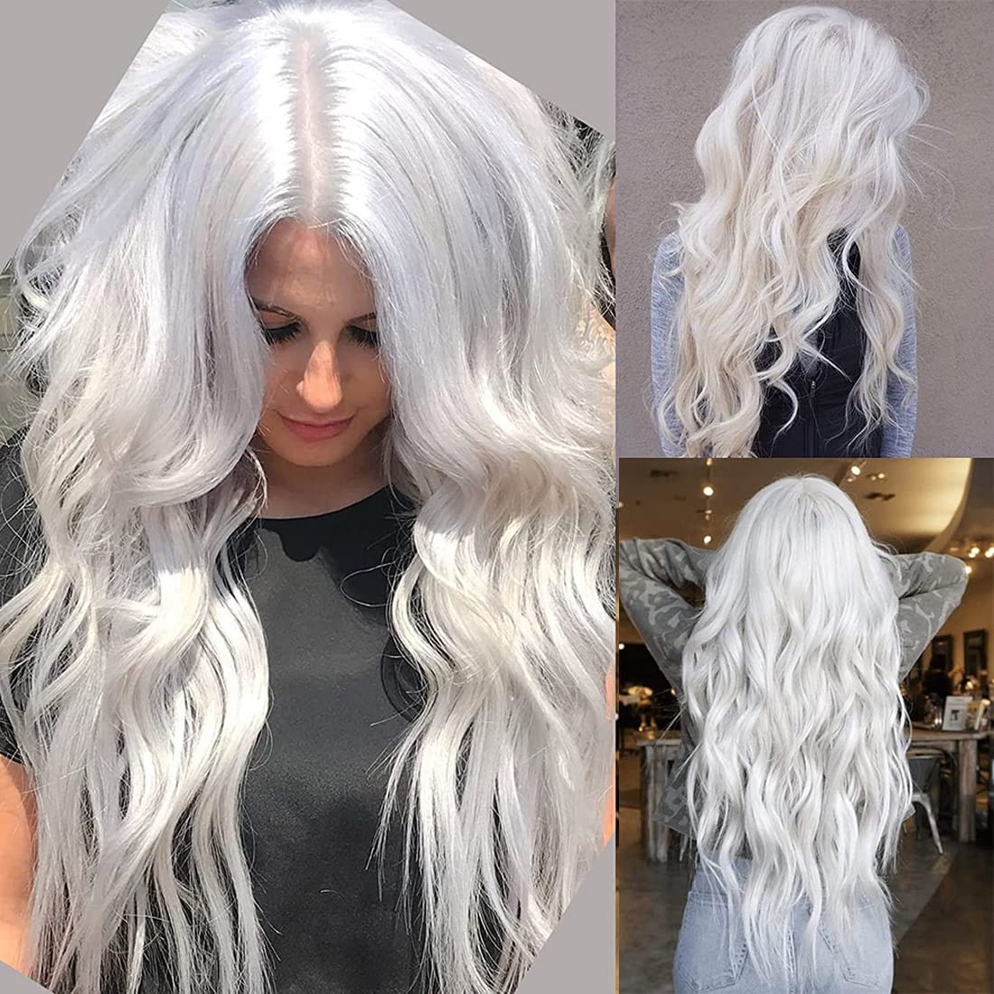 RicHyun Long Curly Wavy White Wig Middle Part Cosplay Wig Synthetic Heat Resistant Costume Halloween Wigs for Women Girls