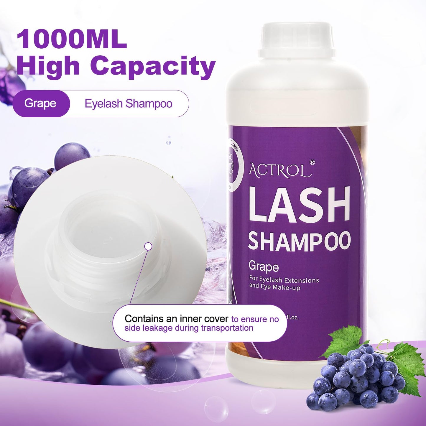 ACTROL Eyelash Extension Cleanser Grape 1L Natural Lash Extension Shampoo Professional Eyelid Foaming Cleanser Paraben & Sulfate Free Non-lrritating with Salon and Home Care