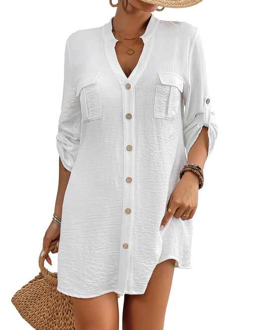 Bsubseach Swimsuit Coverup for Women Long Sleeve Shirt Dress Button Down Bathing Suit Cover Up Top White XXL