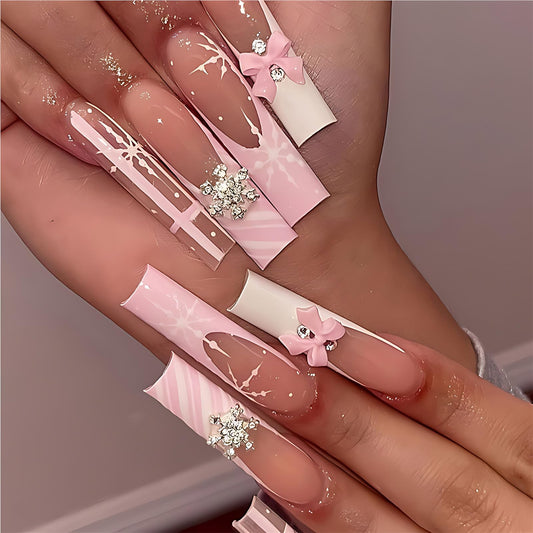 Christmas Press On Nails Medium Square Pink French Tip Fake Nails with Glue Winter Snowflake Bow Glitter Design,Christmas Nails Long False for Women Holiday Xmas Gifts