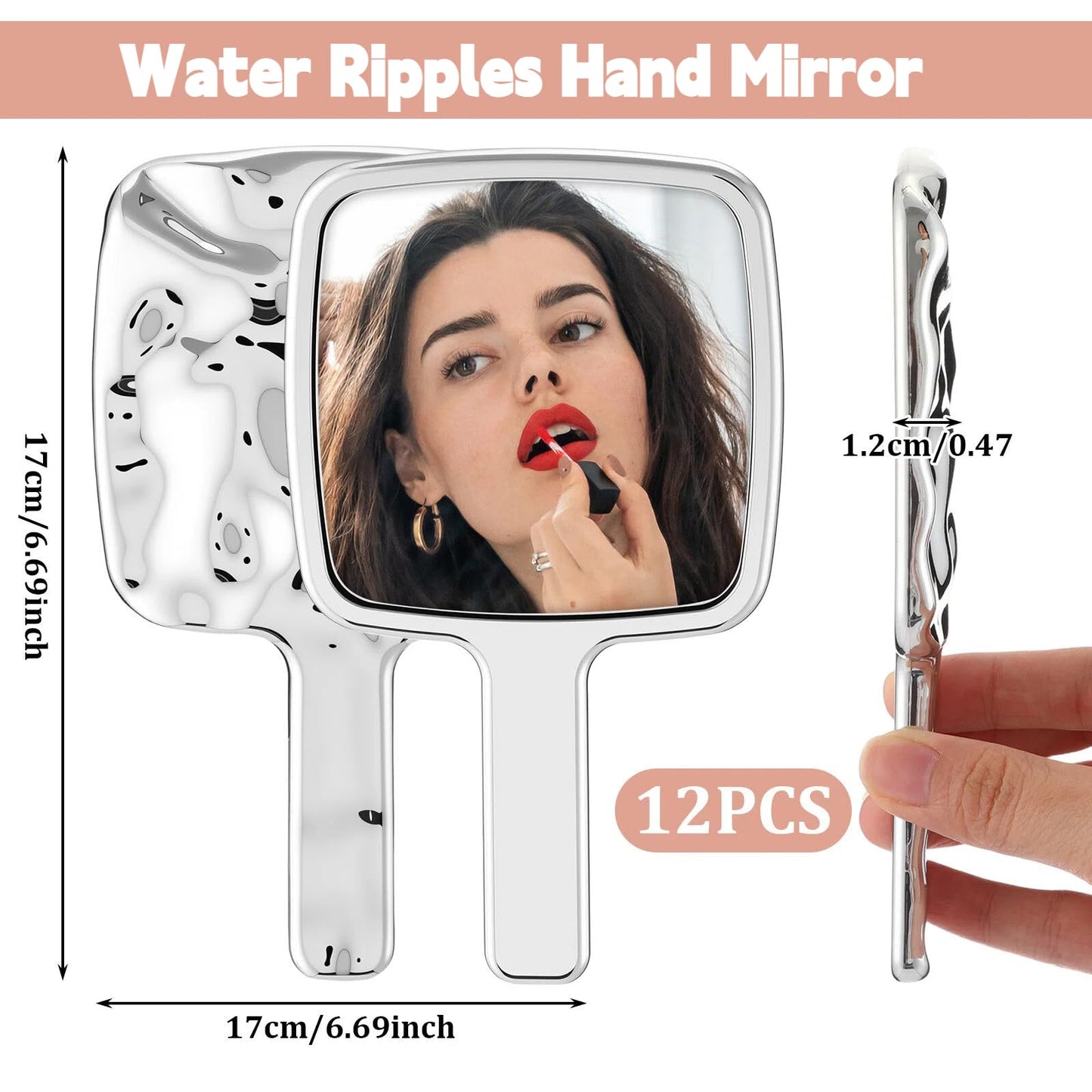 Geetery 12 Pcs Handheld Mirrors with Handle, Water Ripple Silver Square Portable Decorative Hand Mirrors Bulk for Barber Bathroom Salon Travel Party Favors Gift