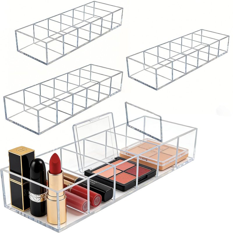 Nsmykhg 4 Pack Clear Acrylic Makeup Compact Organizer - 6 Slots Vanity Organizer for Eyeshadow Palette, Lipstick & Cosmetics, Drawer Makeup Organizer Holder (10 x 3.5 x 1.9 inches)