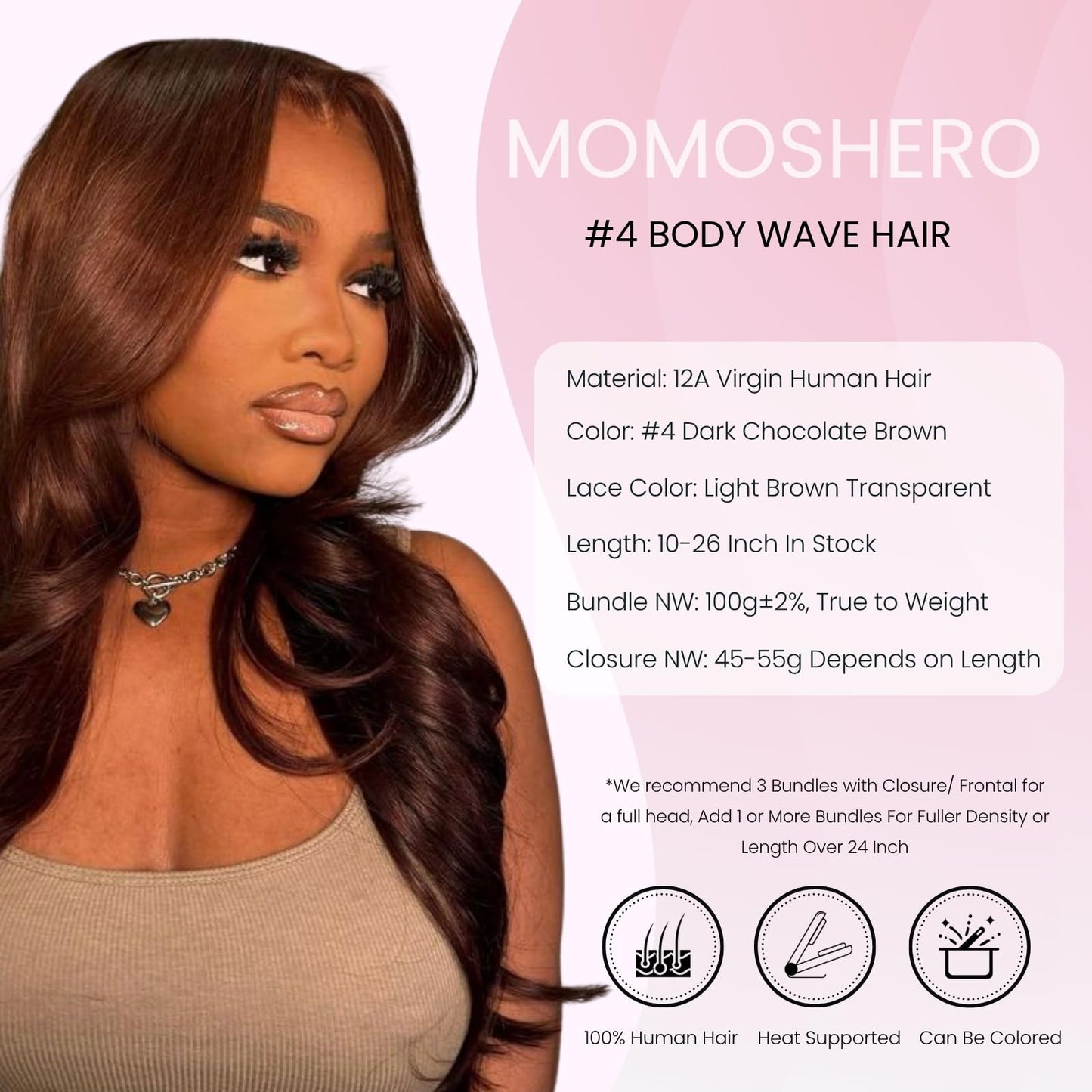 MOMOSHERO Chocolate Brown Body Wave Single Bundle Human Hair 16 Inch, 12A Soft Glossy 100% Unprocessed Remy Virgin Hair 1 Bundle Wavy. Classy Colored #4 Dark Medium Brown Weaves Sew In Extension