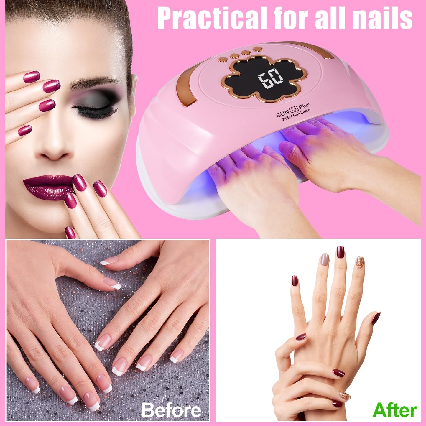 Riuotazi UV LED Nail Lamp for Two Hand, 248W Nail Dryer for Gel Polish, Large Space UV Light for Nails,45 Pcs Lamp Beads and Professional Manicure Phototherapy Lamp with Automatic Sensor(Pink)