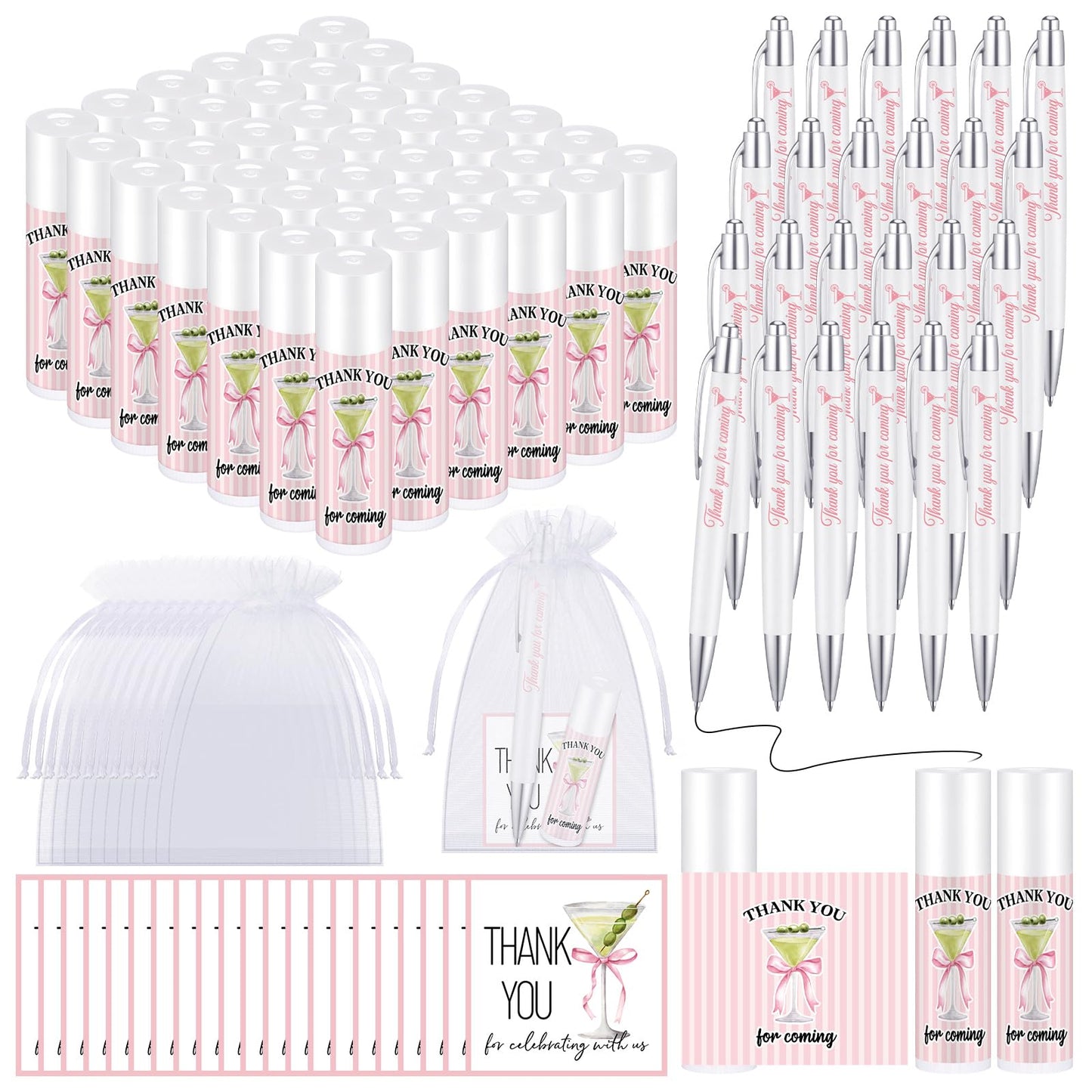 Heigble 50 Set Wedding Thank You Gifts, Thank You Lip Balm Bulk Retractable Ballpoint Pen Appreciation Card Organza Drawstring Gift Bag Bridal Shower Gift for Guest Wedding Party (Pink Bow)
