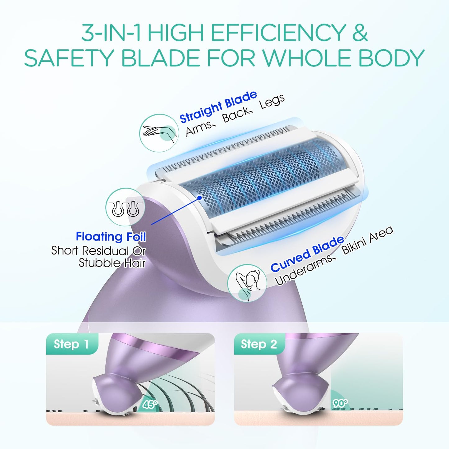 VOYOR Electric Razors for Women 4 in 1 Bikini Trimmer, Foil Shaver for Women 4 Replacement Heads for Body, Pubic Hair Trimmer, Cleansing, Massage 2 Adjustable Speeds Rechargeable Shaver ES501 (Purple)