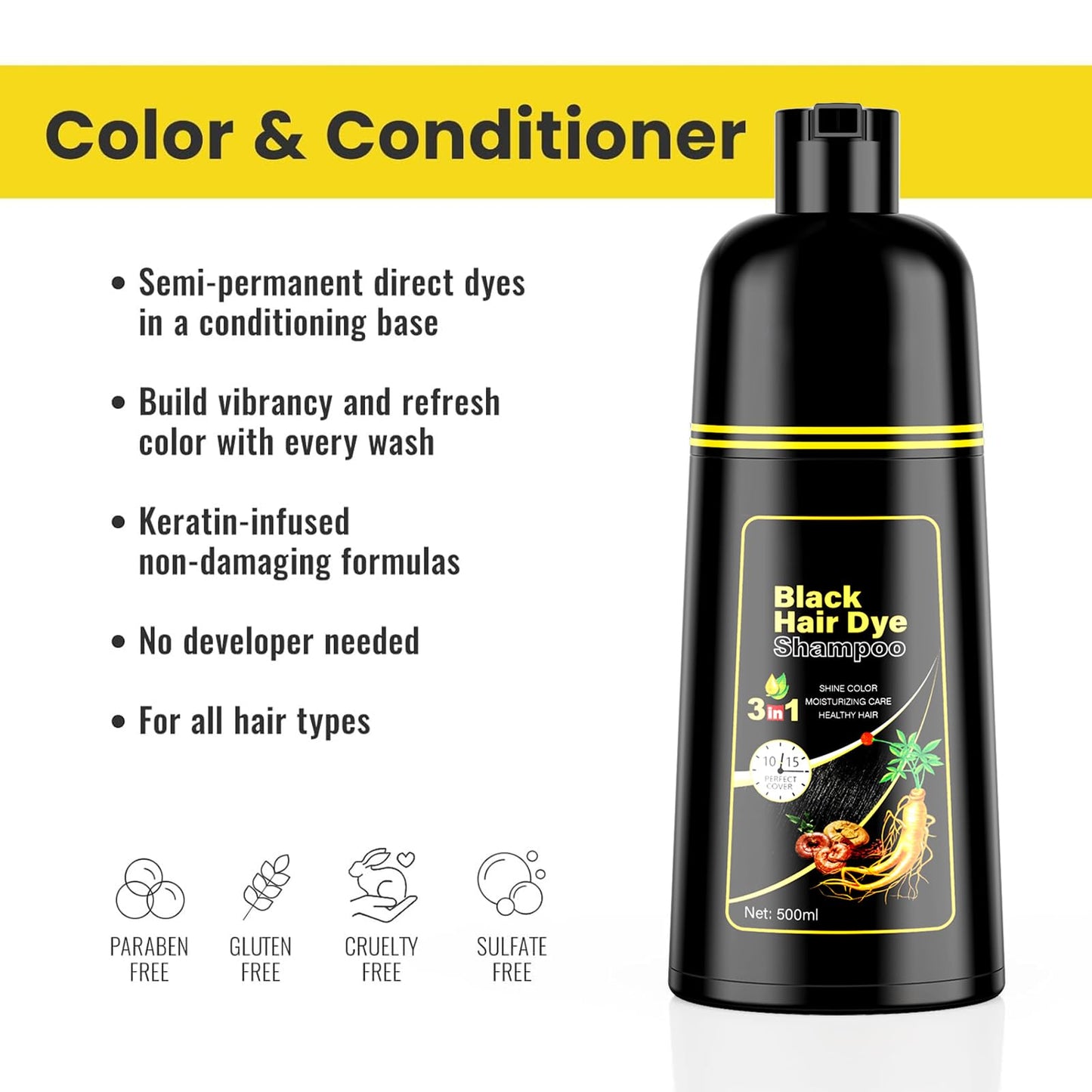 KINGMING Black Hair Dye Shampoo 3 in 1 for Gray Hair, Hair Color Shampoo for Women Men Grey Hair Coverage, Herbal Ingredients Champu Con Tinte Para Canas 500ml (Black).