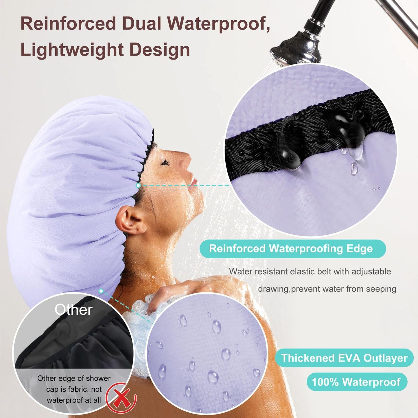 Sheomern 2 Pcs 15" XL Extra Large Terry Lined Shower Cap, Adjustable Dual Waterproof Shower Cap for Women Reusable Soft Hair Cap Bath Cap for Long Braids, Thick Hair, Locs, Curly Hair
