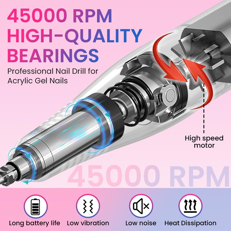 ESUOHYM 45000RPM Professional Cordless Portable Nail Drill Cordless Low Noise Nail Filer Electric Machine with Efile Bits & Base for Acrylic Nails, Nail Buffer Machine for Salon Home (Pink and Blue)