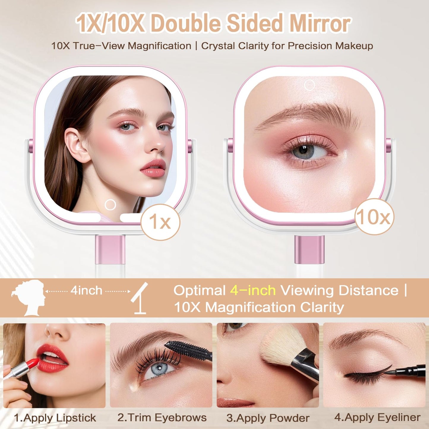 Rosivyphan Makeup Mirror with Lights, 1X/10X Magnifying Vanity Mirror with 3 Colors, 2000mAh Rechargeable Double Sided Magnifying Mirror, Height Brightness Adjustable, 360° Rotation Vanity