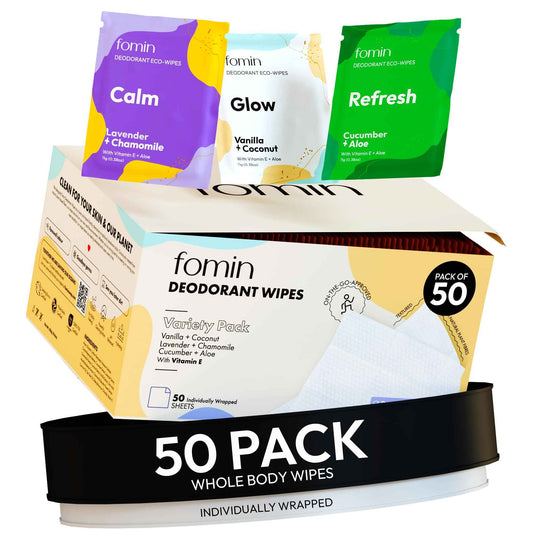 FOMIN Travel Deodorant Wipes - 50 Count - Variety Pack - pH Balanced, Hypoallergenic Mini Deodorant Wipes For Women and Men - Plastic-Free, Individually Wrapped Underarm & Body Wipes