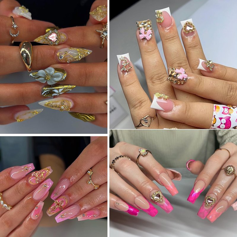 86Pcs Pink Cross Nail Charms 3D Gold Nail Charms Y2k Cute Pink Heart Cherry Bows Crown Acrylic Nail Art Rhinestones Crafting Luxury Nail Jewelry Gems Fake Money Gold Chains for Nails (Gold, Pink)
