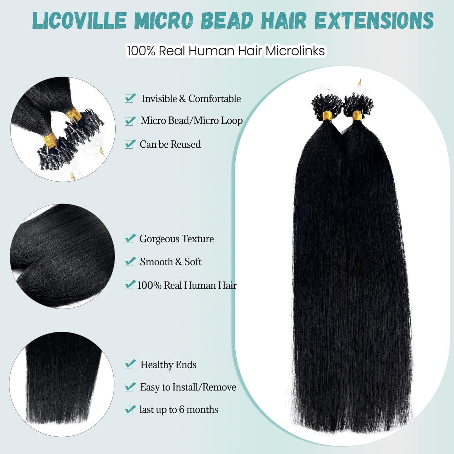 Microlink Hair Extensions Jet Black Human Hair Micro Loop Bundles 14 Inch