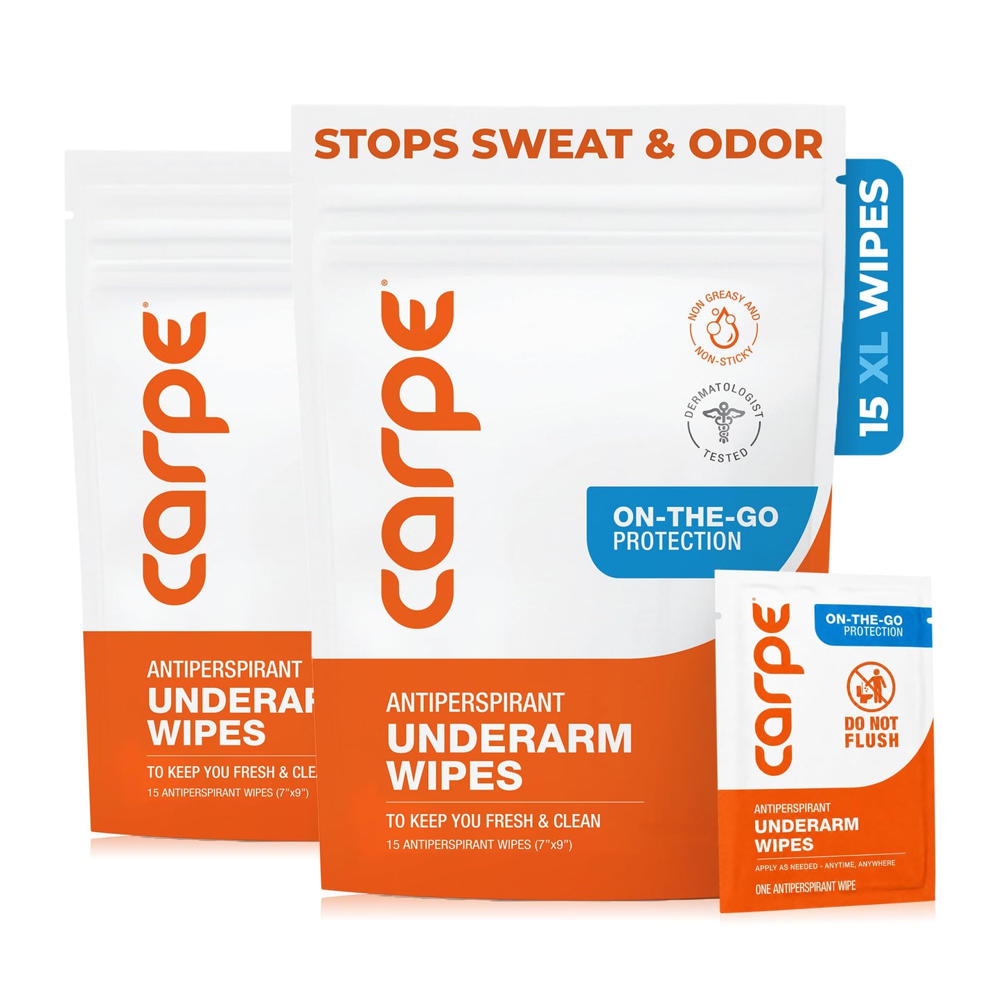 Carpe On-the-Go Antiperspirant Underarm Wipes (Pack of 2 Boxes) for Sweat Blocking, Deodorizing, and Cleansing When You're On the Move - 30 Residue Free, Individually Wrapped Wipes