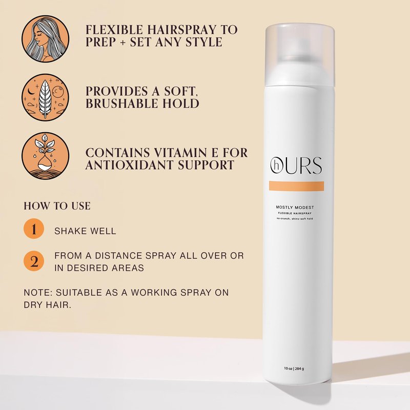 hOURS haircare Mostly Modest Flexible Hairspray for Women | Professional Extra Soft Touch Formula for Polished Shine - Sulfate, Paraben, & Cruelty Free Styling Product, Antioxidant Protection | 10 oz