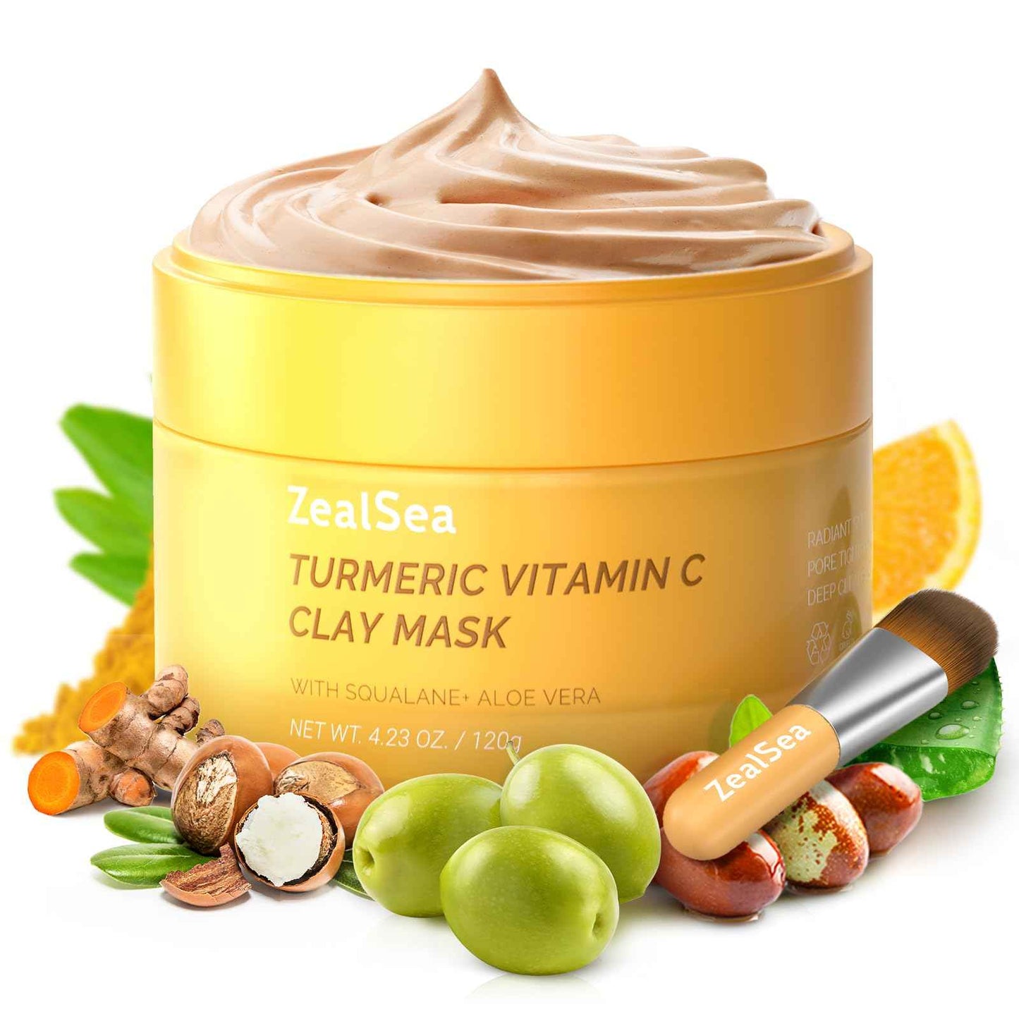 ZealSea Vitamin C American Kaolin Clay Mask with Turmeric, Pro Ultra-Fine Creamy Texture, Deep Pore Cleansing Even Skin Tone Brighten Control Oil Detoxify, 30% Aloe, Jojoba Oil, Shea Butter & Squalane
