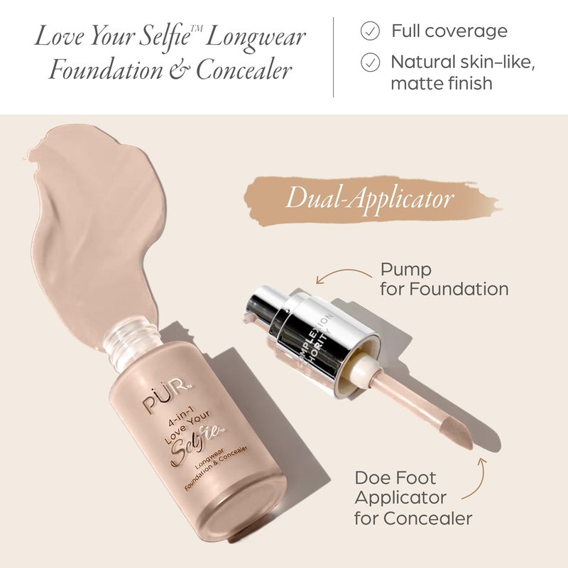 PÜR MINERALS 4-in-1 Love Your Selfie Foundation & Concealer - Longwear Full Coverage Liquid Makeup Foundation with Hydrating Blend for Refined-Looking, Natural Beauty Glow, Skin Texture & Tone