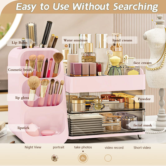 RLETOUNN Makeup storage box with vanity drawer, spacious cosmetics display box, stationery storage box, bathroom beauty storage suitable for your beauty essentials (pink)