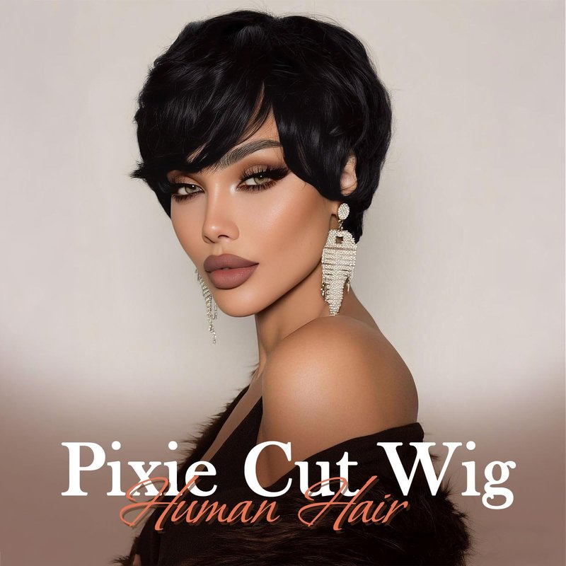 PEACOCO Short Pixie Cut Wig Human Hair for Black Women With Bangs Layered Wavy Wigs Glueless Human Hair Wear and Go Natural Black 1B