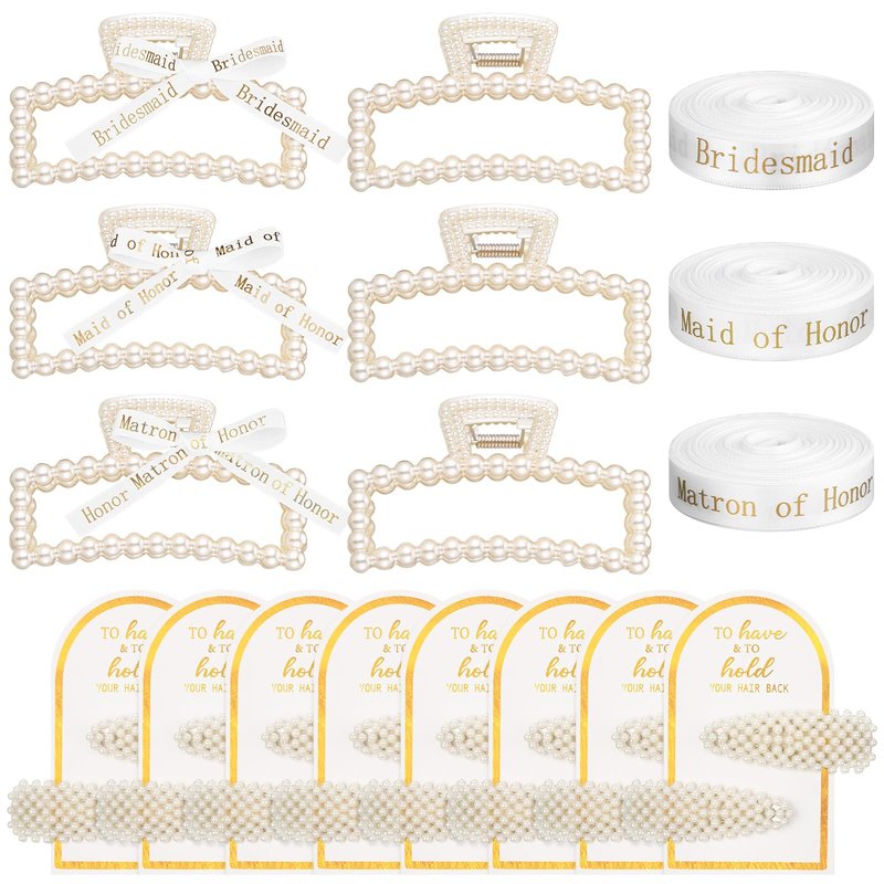 Highergo Bridesmaid Proposal Gifts 8 Pack Pearl Bridesmaid Hair Claw Clips with 3 Rolls Ribbon 8 Pack Pearl Hair Clips to Have & to Hold Your Hair Back Wedding Bridesmaids Hair Accessories Gifts