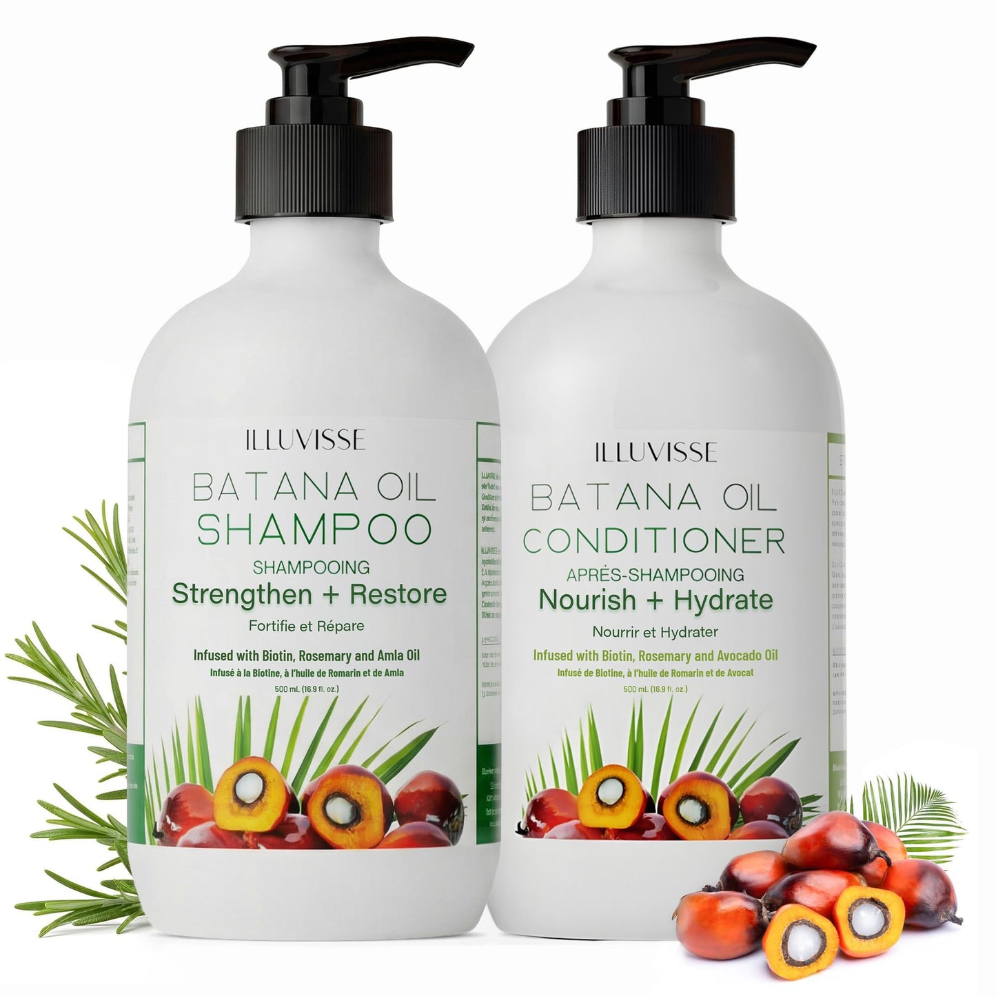 ILLUVISSE Batana Oil Shampoo and Conditioner Set for Hair Growth & Thickening, Organic Rosemary, Tea Tree Oil, Biotin & Aloe Vera Formula for Men & Women, Strengthens Nourishes & Smooths, 500ml Each